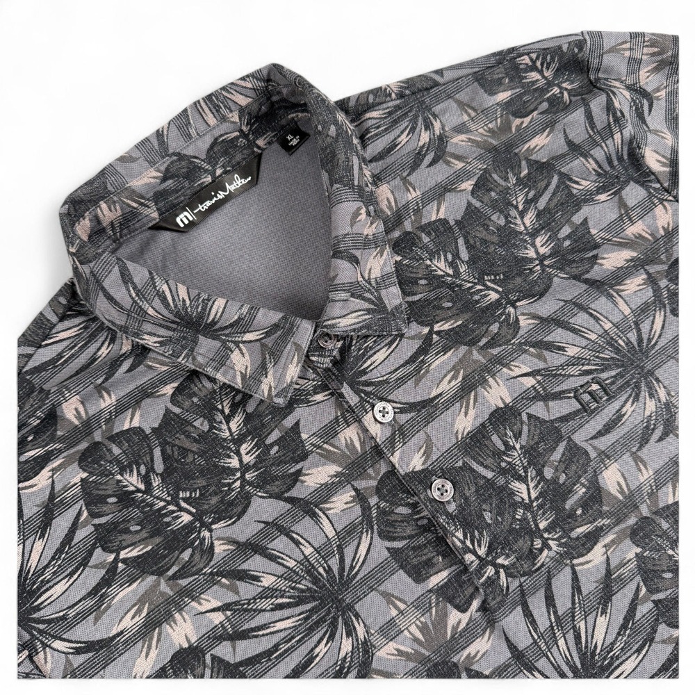 Travis Mathew Polo Shirt Mens XL Gray Black Pink Tropical Floral Short Sleeve